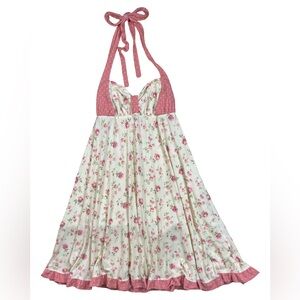 Wendy Glez Yellow and Pink Floral Babydoll Nightgown Halter Open Back Small